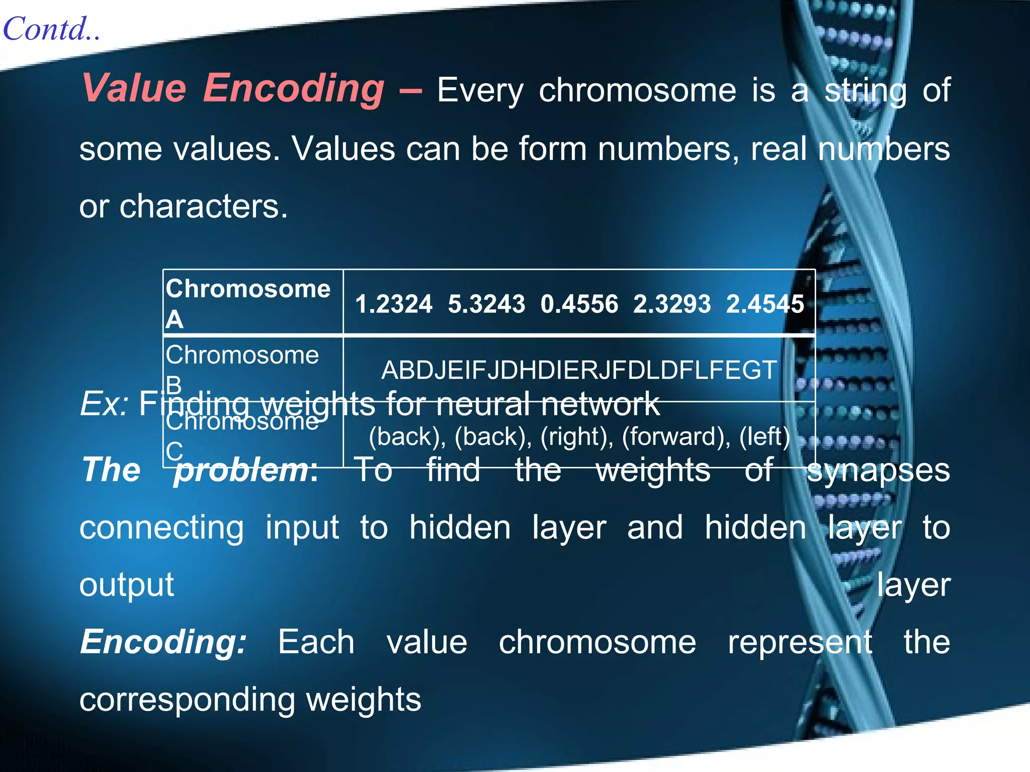 Value Encoding –   Every chromosome is a string of some values. Values can be form numbers, real numbers or characters. Ex:  Finding weights for neural network The problem :  To find the weights of synapses connecting input to hidden layer and hidden layer to output layer Encoding:   Each value chromosome represent the corresponding weights  Contd.. Chromosome A 1.2324  5.3243  0.4556  2.3293  2.4545 Chromosome B ABDJEIFJDHDIERJFDLDFLFEGT Chromosome C (back), (back), (right), (forward), (left) 