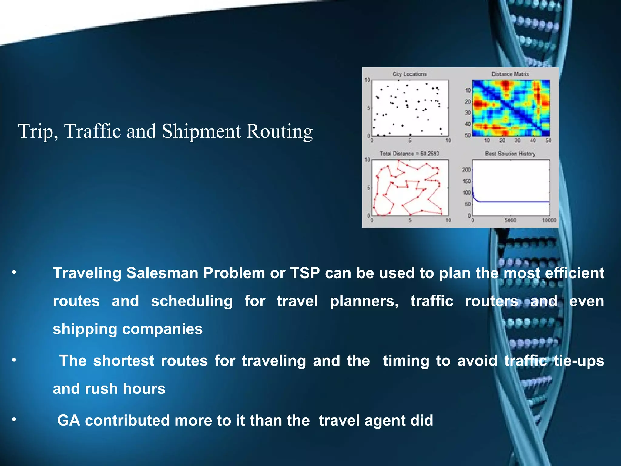 Trip, Traffic and Shipment Routing Traveling Salesman Problem or TSP can be used to plan the most efficient routes and scheduling for travel planners, traffic routers and even shipping companies The shortest routes for traveling and the  timing to avoid traffic tie-ups and rush hours GA contributed more to it than the  travel agent did 