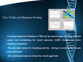 Trip, Traffic and Shipment Routing Traveling Salesman Problem or TSP can be used to plan the most efficient routes and scheduling for travel planners, traffic routers and even shipping companies The shortest routes for traveling and the  timing to avoid traffic tie-ups and rush hours GA contributed more to it than the  travel agent did 