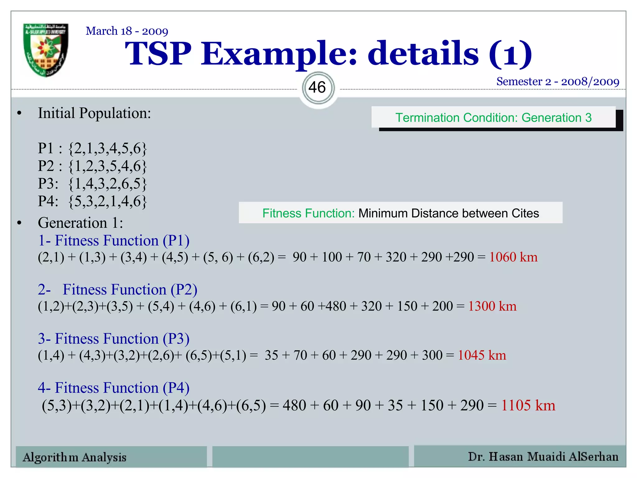 TSP Example: details (1) Initial Population: P1 : {2,1,3,4,5,6} P2 : {1,2,3,5,4,6} P3:  {1,4,3,2,6,5} P4:  {5,3,2,1,4,6} Generation 1: 1- Fitness Function (P1)  (2,1) + (1,3) + (3,4) + (4,5) + (5, 6) + (6,2) =  90 + 100 + 70 + 320 + 290 +290 =  1060 km 2-  Fitness Function (P2)  (1,2)+(2,3)+(3,5) + (5,4) + (4,6) + (6,1) = 90 + 60 +480 + 320 + 150 + 200 =  1300 km 3- Fitness Function (P3) (1,4) + (4,3)+(3,2)+(2,6)+ (6,5)+(5,1) =  35 + 70 + 60 + 290 + 290 + 300 =  1045 km  4- Fitness Function (P4)  (5,3)+(3,2)+(2,1)+(1,4)+(4,6)+(6,5) = 480 + 60 + 90 + 35 + 150 + 290 =  1105 km Fitness Function:  Minimum Distance between Cites Semester 2 - 2008/2009 Termination Condition: Generation 3 March 18 - 2009 