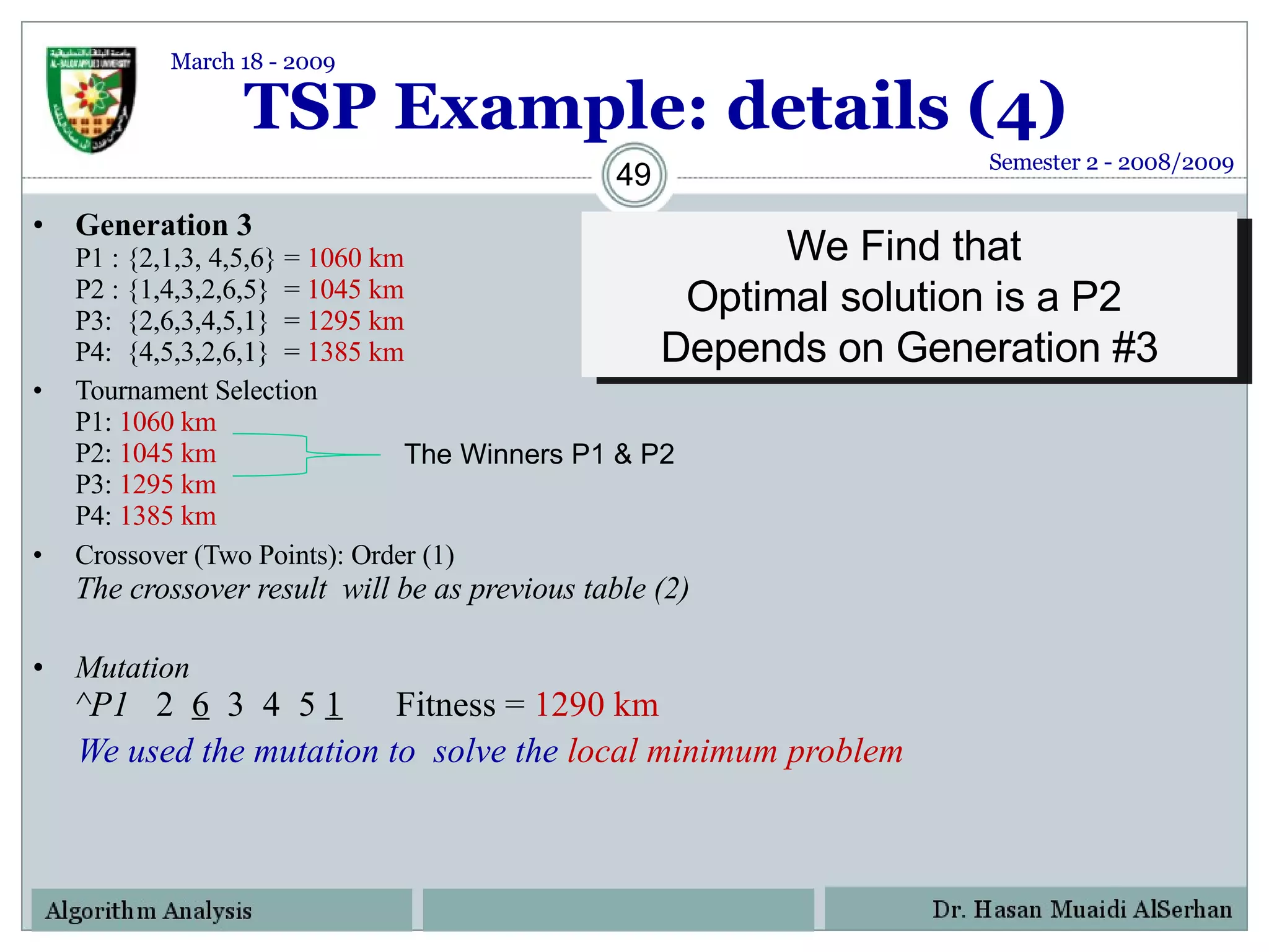 TSP Example: details (4) Generation 3 P1 : {2,1,3, 4,5,6} =  1060 km  P2 : {1,4,3,2,6,5}  =  1045 km  P3:  {2,6,3,4,5,1}  =  1295 km  P4:  {4,5,3,2,6,1}  =  1385 km  Tournament Selection P1:  1060 km P2:  1045 km  P3:  1295 km  P4:  1385 km Crossover (Two Points): Order (1) The crossover result  will be as previous table (2) Mutation  ^P1   2  6   3  4  5  1   Fitness =  1290 km  We used the mutation to  solve the  local minimum problem The Winners P1 & P2 We Find that  Optimal solution is a P2  Depends on Generation #3 Semester 2 - 2008/2009 March 18 - 2009 