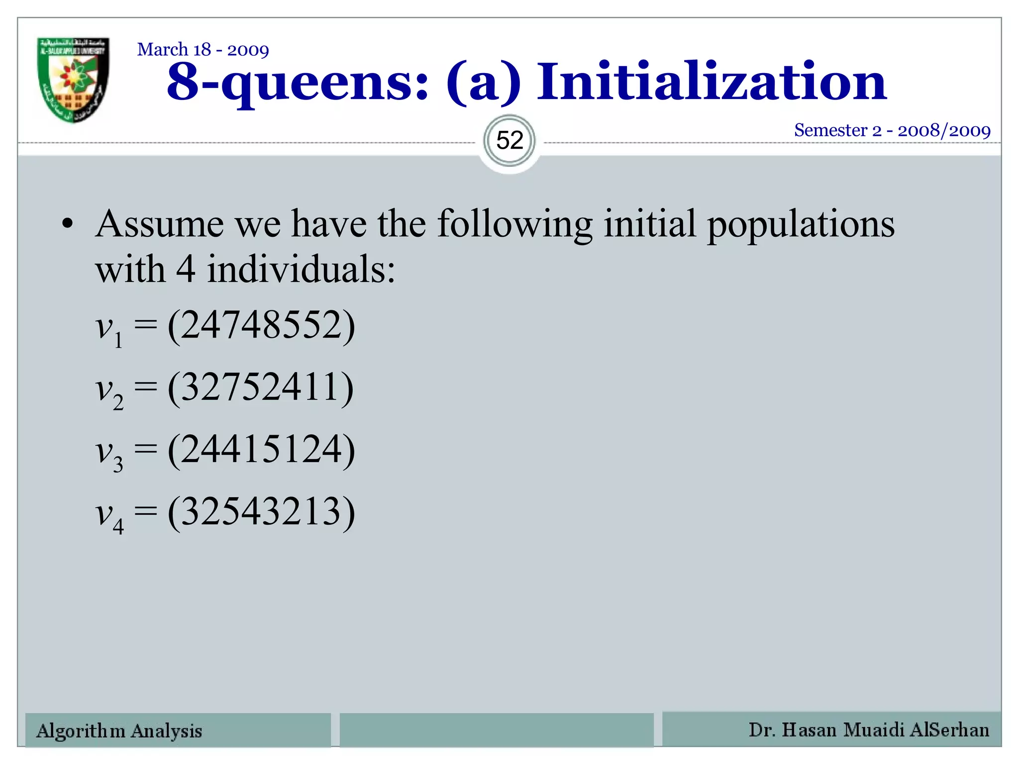 8-queens: (a) Initialization Assume we have the following initial populations with 4 individuals: v 1  = (24748552) v 2  = (32752411) v 3  = (24415124) v 4  = (32543213) Semester 2 - 2008/2009 March 18 - 2009 