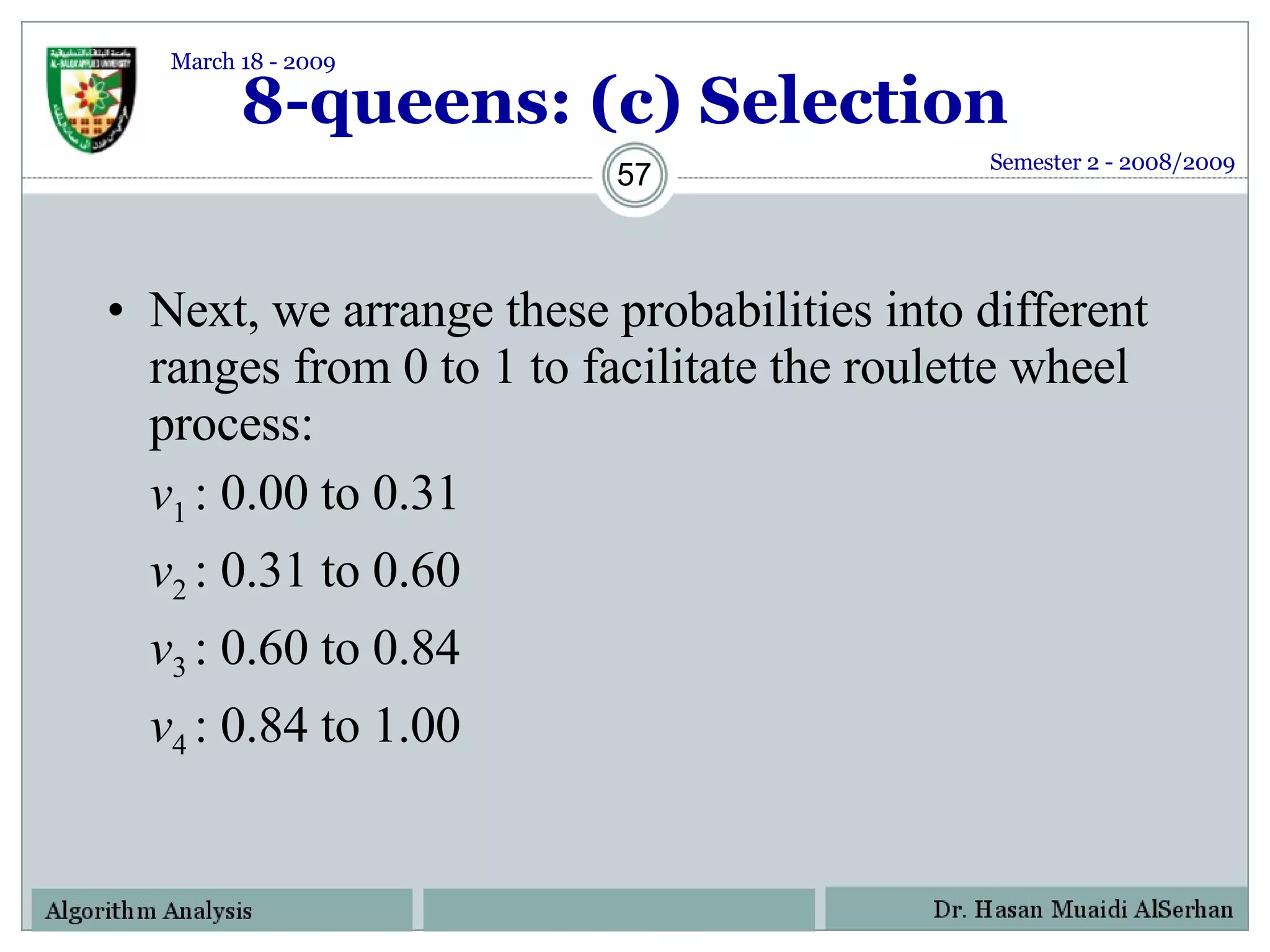 8-queens: (c) Selection Next, we arrange these probabilities into different ranges from 0 to 1 to facilitate the roulette wheel process: v 1  : 0.00 to 0.31 v 2  : 0.31 to 0.60 v 3  : 0.60 to 0.84 v 4  : 0.84 to 1.00 Semester 2 - 2008/2009 March 18 - 2009 