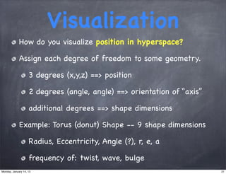 Visualization
             How do you visualize position in hyperspace?

             Assign each degree of freedom to some geometry.

                    3 degrees (x,y,z) ==> position

                    2 degrees (angle, angle) ==> orientation of “axis”

                    additional degrees ==> shape dimensions

             Example: Torus (donut) Shape -- 9 shape dimensions

                    Radius, Eccentricity, Angle (?), r, e, a

                    frequency of: twist, wave, bulge
Monday, January 14, 13                                                   21
 