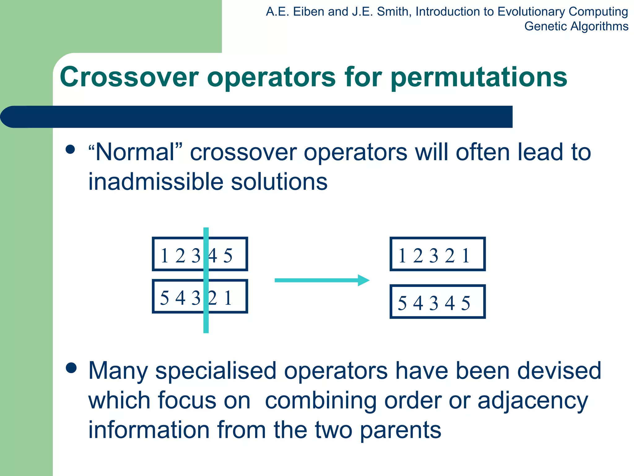 A.E. Eiben and J.E. Smith, Introduction to Evolutionary Computing
Genetic Algorithms
 “Normal” crossover operators will often lead to
inadmissible solutions
 Many specialised operators have been devised
which focus on combining order or adjacency
information from the two parents
Crossover operators for permutations
1 2 3 4 5
5 4 3 2 1
1 2 3 2 1
5 4 3 4 5
 