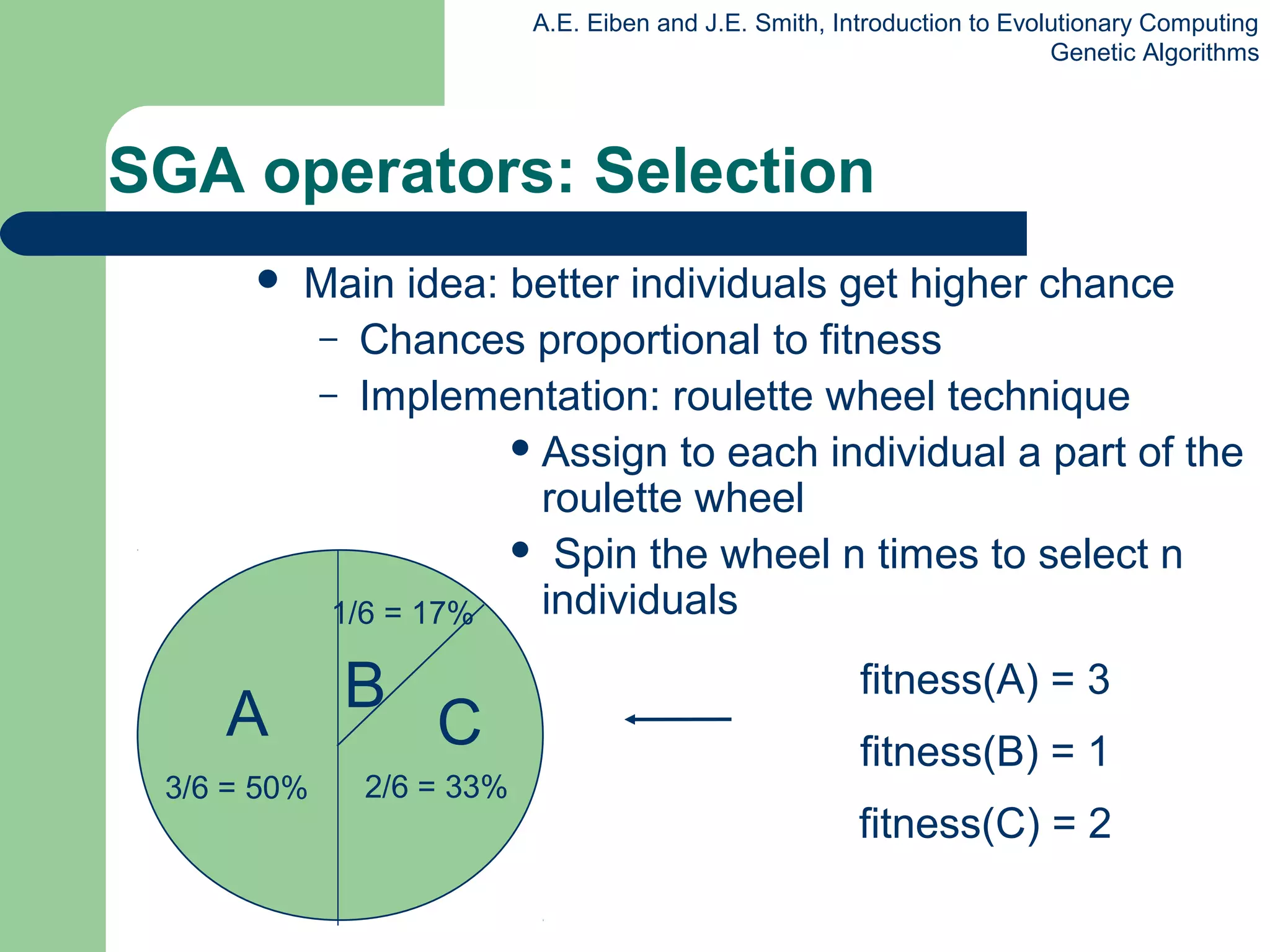A.E. Eiben and J.E. Smith, Introduction to Evolutionary Computing
Genetic Algorithms
 Main idea: better individuals get higher chance
– Chances proportional to fitness
– Implementation: roulette wheel technique
 Assign to each individual a part of the
roulette wheel
 Spin the wheel n times to select n
individuals
SGA operators: Selection
fitness(A) = 3
fitness(B) = 1
fitness(C) = 2
A C
1/6 = 17%
3/6 = 50%
B
2/6 = 33%
 