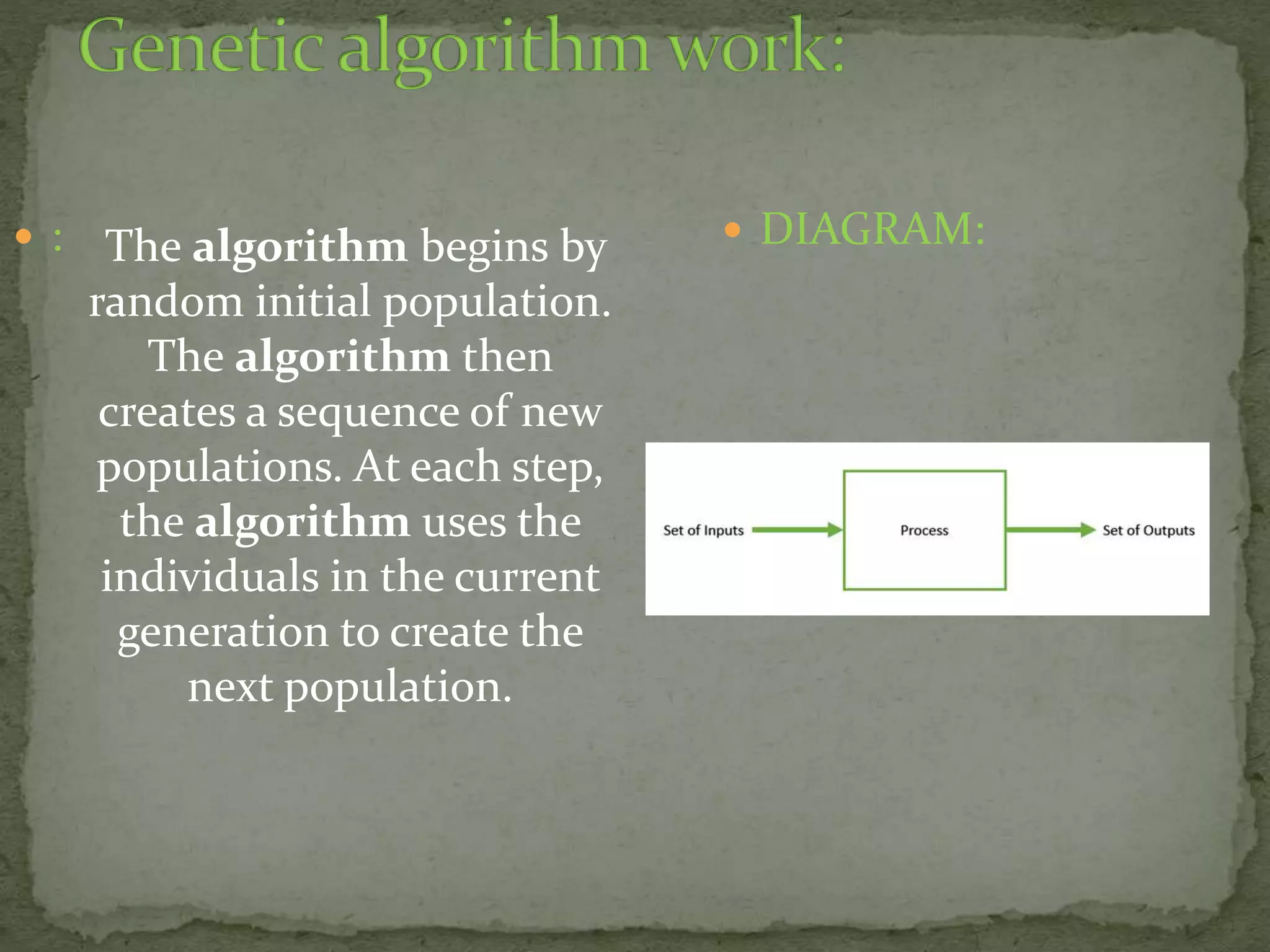 The algorithm begins by
random initial population.
The algorithm then
creates a sequence of new
populations. At each step,
the algorithm uses the
individuals in the current
generation to create the
next population.
 :  DIAGRAM:
 