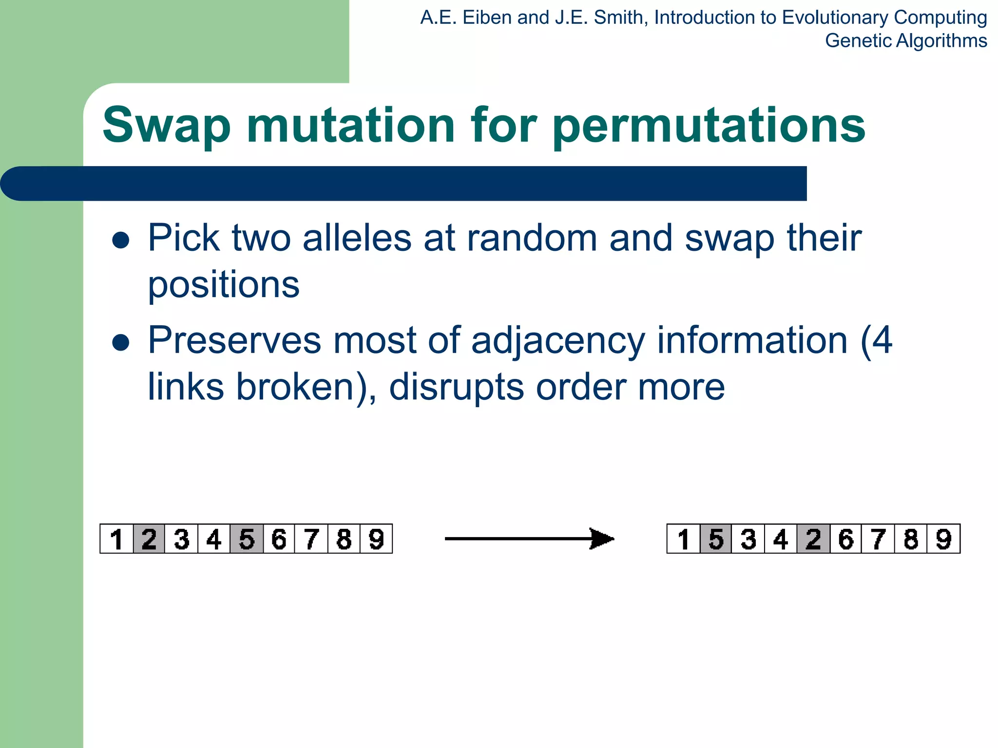 A.E. Eiben and J.E. Smith, Introduction to Evolutionary Computing
Genetic Algorithms
Swap mutation for permutations
 Pick two alleles at random and swap their
positions
 Preserves most of adjacency information (4
links broken), disrupts order more
 
