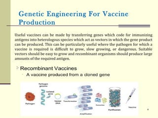 Genetic Engineering For Vaccine
Production
4
Useful vaccines can be made by transferring genes which code for immunizing
antigens into heterologous species which act as vectors in which the gene product
can be produced. This can be particularly useful where the pathogen for which a
vaccine is required is difficult to grow, slow growing, or dangerous. Suitable
vectors should be easy to grow and recombinant organisms should produce large
amounts of the required antigen.
 
