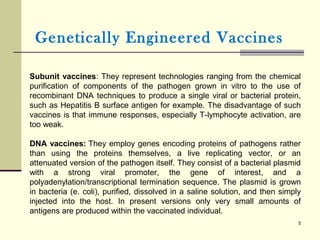 Genetically Engineered Vaccines
5
Subunit vaccines: They represent technologies ranging from the chemical
purification of components of the pathogen grown in vitro to the use of
recombinant DNA techniques to produce a single viral or bacterial protein,
such as Hepatitis B surface antigen for example. The disadvantage of such
vaccines is that immune responses, especially T-lymphocyte activation, are
too weak.
DNA vaccines: They employ genes encoding proteins of pathogens rather
than using the proteins themselves, a live replicating vector, or an
attenuated version of the pathogen itself. They consist of a bacterial plasmid
with a strong viral promoter, the gene of interest, and a
polyadenylation/transcriptional termination sequence. The plasmid is grown
in bacteria (e. coli), purified, dissolved in a saline solution, and then simply
injected into the host. In present versions only very small amounts of
antigens are produced within the vaccinated individual.
 