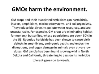 GMOs harm the environment.
GM crops and their associated herbicides can harm birds,
insects, amphibians, marine ecosystems, and soil organisms.
They reduce bio-diversity, pollute water resources, and are
unsustainable. For example, GM crops are eliminating habitat
for monarch butterflies, whose populations are down 50% in
the US. Roundup herbicide has been shown to cause birth
defects in amphibians, embryonic deaths and endocrine
disruptions, and organ damage in animals even at very low
doses. GM canola has been found growing wild in North
Dakota and California, threatening to pass on its herbicide
tolerant genes on to weeds.
 