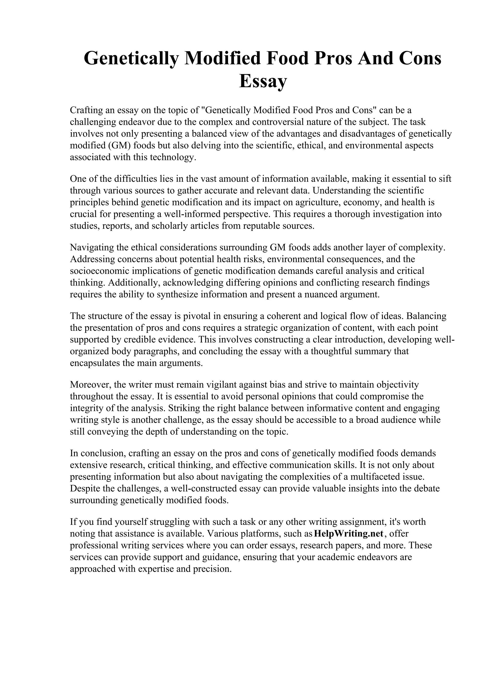 Pros And Cons Of Genetic Modification Of Food Genetically Modified Food Pros And Cons Essay | PDF