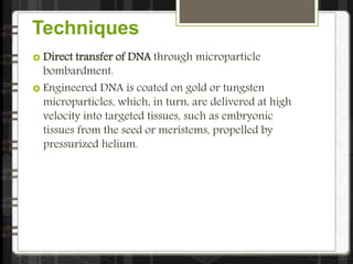 Techniques
 Direct transfer of DNA through microparticle
bombardment.
 Engineered DNA is coated on gold or tungsten
microparticles, which, in turn, are delivered at high
velocity into targeted tissues, such as embryonic
tissues from the seed or meristems, propelled by
pressurized helium.
 