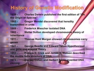  1859 - Charles Darwin published the first edition of “On
the Origin of Species”
 1865 - Gregor Mendel discovered that heredity
transmitted in units
 1869 - Frederick Miescher isolated DNA
 1902 - Walter Sutton developed chromosome theory of
inheritance
 1911 - Thomas Hunt Morgan showed chromosomes carry
genes
 1941 - George Beadle and Edward Tatum Hypothesized
one gene one enzyme theory
 1953 - Francis H. Crick and James D. Watson described
the double helix structure of DNA
 1973 - Stanley Cohen and Herbert Boyer invented DNA
cloning
 