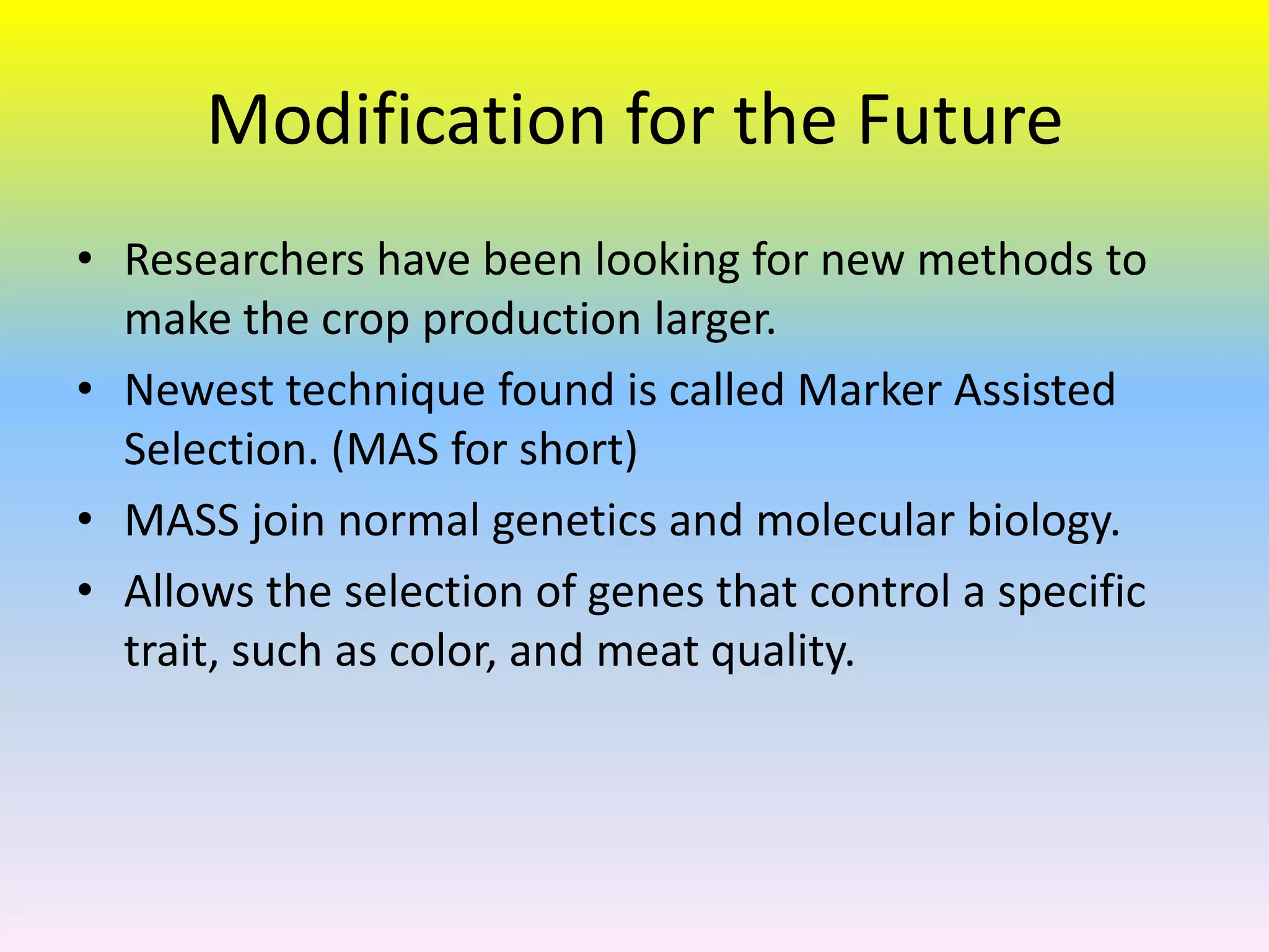 Modification for the Future
• Researchers have been looking for new methods to
  make the crop production larger.
• Newest technique found is called Marker Assisted
  Selection. (MAS for short)
• MASS join normal genetics and molecular biology.
• Allows the selection of genes that control a specific
  trait, such as color, and meat quality.
 