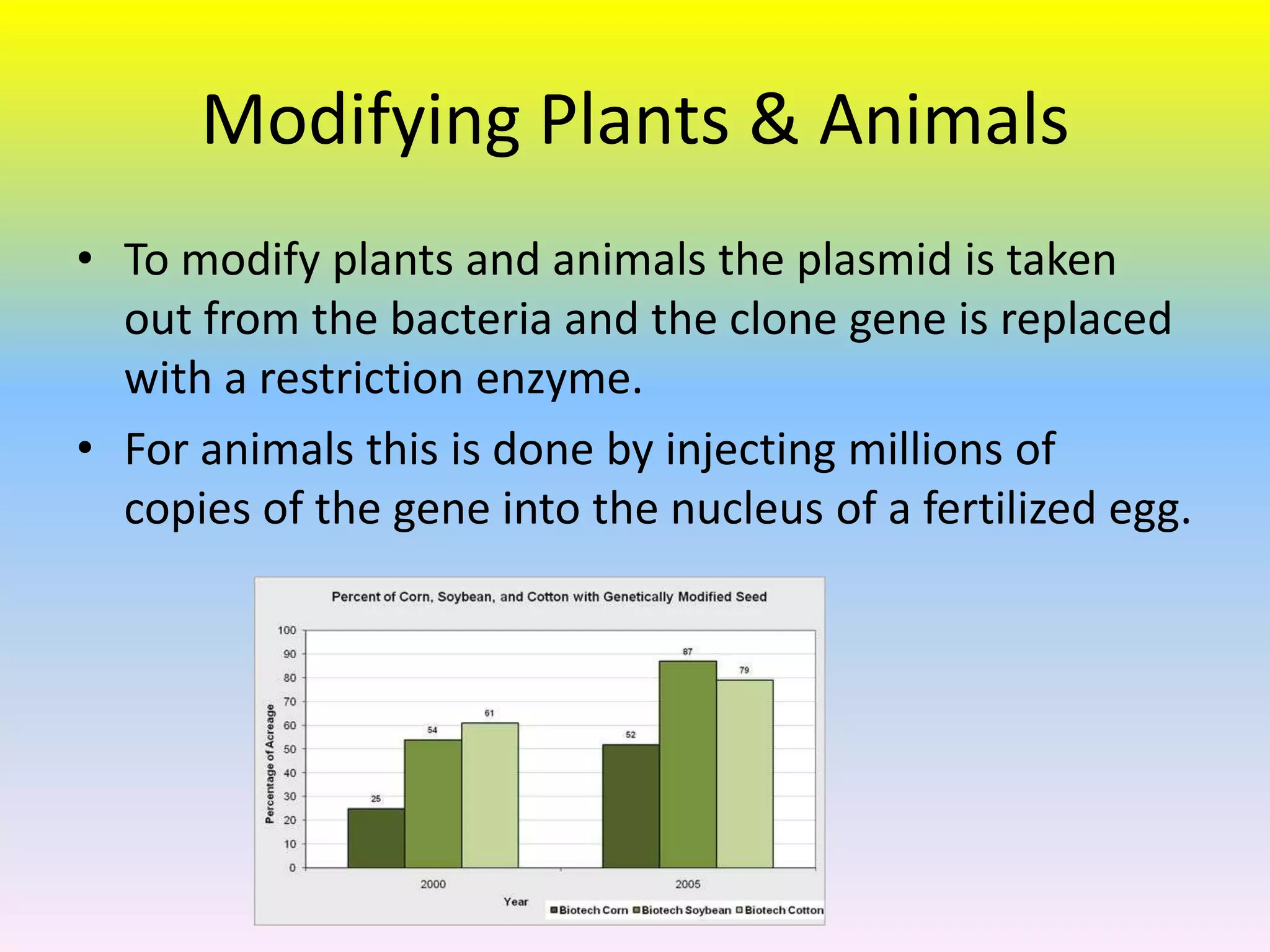 Modifying Plants & Animals
• To modify plants and animals the plasmid is taken
  out from the bacteria and the clone gene is replaced
  with a restriction enzyme.
• For animals this is done by injecting millions of
  copies of the gene into the nucleus of a fertilized egg.
 