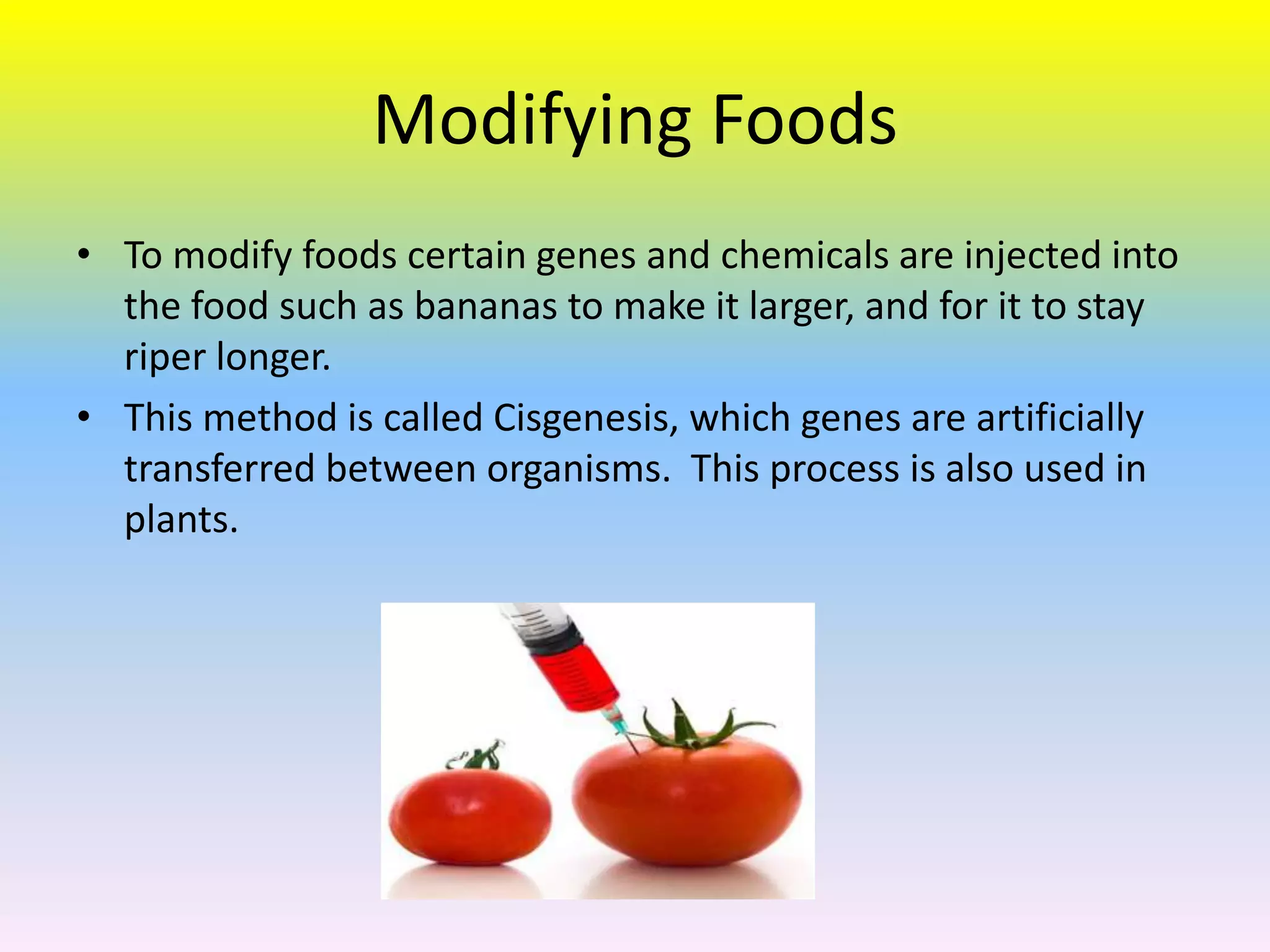 Modifying Foods
• To modify foods certain genes and chemicals are injected into
  the food such as bananas to make it larger, and for it to stay
  riper longer.
• This method is called Cisgenesis, which genes are artificially
  transferred between organisms. This process is also used in
  plants.
 