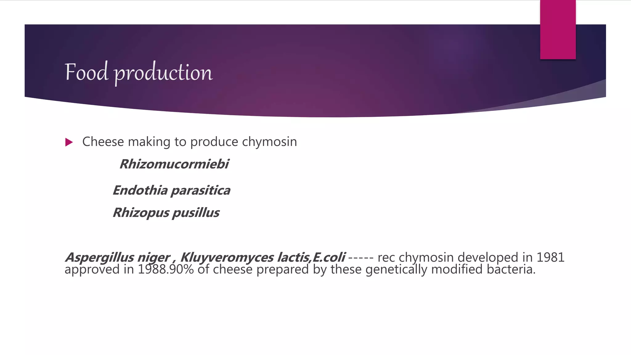 Food production
 Cheese making to produce chymosin
Rhizomucormiebi
Endothia parasitica
Rhizopus pusillus
Aspergillus niger , Kluyveromyces lactis,E.coli ----- rec chymosin developed in 1981
approved in 1988.90% of cheese prepared by these genetically modified bacteria.
 