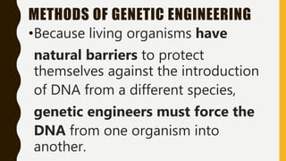 METHODS OF GENETIC ENGINEERING
•Because living organisms have
natural barriers to protect
themselves against the introduction
of DNA from a different species,
genetic engineers must force the
DNA from one organism into
another.
 