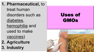 1. Pharmaceutical, to
treat human
disorders such as
diabetes,
hemophilia and
used to make
vaccines)
2. Agriculture
3. Industry
Uses of
GMOs
 