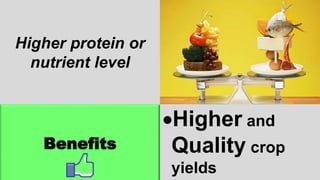 Higher protein or
nutrient level
Benefits
Higher and
Quality crop
yields
 