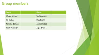 Group members
Name Name
Waqar Ahmed Sadia Ansari
Ali Asghar Dua Brohi
Ramsha Zaman Anmol Arbab
Murk Panhwar Aqsa Brohi
 