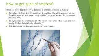 How to get gene of interest?
There are there possible ways to get gene of interest. They are as follows:
 To isolate it from the chromosome (by cutting the chromosomes on the
flanking sites of the gene using special enzymes known as restriction
endonuclease)
 To synthesize it chemically (if the genes are small they can also be
synthesized artificially in the laboratory)
 To make it from mRNA (by using reverse transcriptase)
 