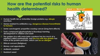 How are the potential risks to human
health determined?
 Human health risk so Unfamiliar foreign proteins e.g. allergic
reactions
 Genes resistant to antibiotics e.g. dangerous disease transmittable
to humans
 Some carcinogenic properties causing cancer (long term effects)
 Toxic compound (glyphosphate in Roundup) harming
development in children and adult
 The golden rice with more beta-carotene has too much of a
pigment called xanthophylls, and the rice with less glutelin has
more of the protein proclaim, which can be an allergen.
 Ethical concern (Religious)
 Money cost approbation
 Antibiotic resistant
 Resistant weed
 
