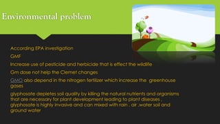 Environmental problem
According EPA investigation
GMF
Increase use of pesticide and herbicide that is effect the wildlife
Gm dose not help the Clemet changes
GMO also depend in the nitrogen fertilizer which increase the greenhouse
gases
glyphosate depletes soil quality by killing the natural nutrients and organisms
that are necessary for plant development leading to plant diseases ,
glyphosate is highly invasive and can mixed with rain , air ,water soil and
ground water
 