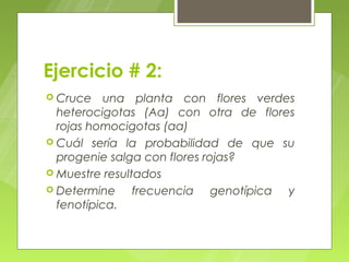 Ejercicio # 2:
 Cruce    una planta con flores verdes
  heterocigotas (Aa) con otra de flores
  rojas homocigotas (aa)
 Cuál sería la probabilidad de que su
  progenie salga con flores rojas?
 Muestre resultados
 Determine     frecuencia genotípica y
  fenotípica.
 