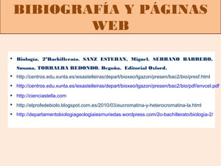 BIBIOGRAFÍA Y PÁGINAS
         WEB

 Biología. 2ºBachillerato. SANZ ESTEBAN, Miguel. SERRANO BARRERO,
   Susana. TORRALBA REDONDO. Begoña. Editorial Oxford.
 http://centros.edu.xunta.es/iesastelleiras/depart/bioxeo/lgazon/presen/bac2/bio/presf.html
 http://centros.edu.xunta.es/iesastelleiras/depart/bioxeo/lgazon/presen/bac2/bio/pdf/envcel.pdf

 http://cienciastella.com
 http://elprofedebiolo.blogspot.com.es/2010/03/eucromatina-y-heterocromatina-la.html
 http://departamentobiologiageologiaiesmuriedas.wordpress.com/2o-bachillerato/biologia-2/
 