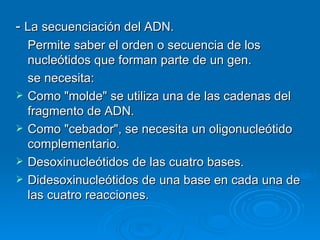 - La secuenciación del ADN.
    Permite saber el orden o secuencia de los
    nucleótidos que forman parte de un gen.
    se necesita:
   Como "molde" se utiliza una de las cadenas del
    fragmento de ADN.
   Como "cebador", se necesita un oligonucleótido
    complementario.
   Desoxinucleótidos de las cuatro bases.
   Didesoxinucleótidos de una base en cada una de
    las cuatro reacciones.
 