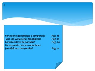 Variaciones fenotípicas o temporales Pág. 18
Que son variaciones fenotípicas? Pág. 19
Características destacadas? Pág. 20
Como pueden ser las variaciones
fenotípicas o temporales? Pág. 21
3
 