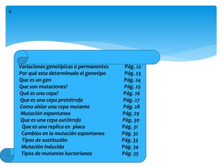 Variaciones genotípicas o permanentes Pág. 22
Por qué esta determinado el genotipo Pág. 23
Que es un gen Pág. 24
Que son mutaciones? Pág. 25
Qué es una cepa? Pág. 26
Que es una cepa protótrofa Pág. 27
Como aislar una cepa mutante Pág. 28
Mutación espontanea Pág. 29
Que es una cepa autótrofa Pág. 30
Que es una replica en placa Pág. 31
Cambios en la mutación espontanea Pág. 32
Tipos de sustitución Pág. 33
Mutación inducida Pág. 34
Tipos de mutantes bacterianos Pág. 35
4
 