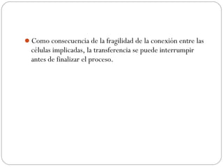 Como consecuencia de la fragilidad de la conexión entre las
células implicadas, la transferencia se puede interrumpir
antes de finalizar el proceso.
 