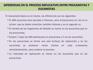 DIFERENCIAS EN EL PROCESO REPLICATIVO ENTRE PROCARIOTAS YDIFERENCIAS EN EL PROCESO REPLICATIVO ENTRE PROCARIOTAS Y
EUCARIOTASEUCARIOTAS
El mecanismo básico es el mismo, las diferencias son las siguientes:
 El ADN eucariota está asociado a histonas, pero el bacteriano no: Así en el
primer caso se deben sintetizar también histonas y en el segundo no.
 El tamaño de los fragmentos de Okazaki es menor en los eucariotas que en
los procariotas.
 Existen 3 tipos de ADN-polimerasa en procariotas y 5 en las eucariotas.
 En las procariotas se forma una sola burbuja de replicación y en las
eucariotas se producen varios cientos en cada cromosoma
simultáneamente, para acelerar el proceso.
 La velocidad de replicación es menor en las eucariotas que en las
procariotas.
 