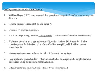 Conjugation-transfer of the sex factor F:
1. William Hayes (1953) demonstrated that genetic exchange in E. coli occurs in only one
direction.
2. Genetic transfer is mediated by sex factor F.
3. Donor is F+ and recipient is F-.
4. F is a self-replicating, circular DNA plasmid (1/40 the size of the main chromosome).
5. F plasmid contains an origin sequence (O), which initiates DNA transfer. It also
contains genes for hair-like cell surface (F-pili or sex-pili), which aid in contact
between cells.
6. No conjugation can occur between cells of the same mating type.
7. Conjugation begins when the F plasmid is nicked at the origin, and a single strand is
transferred using the rolling circle mechanism.
8. When transfer is complete, both cells are F+ double-stranded
 
