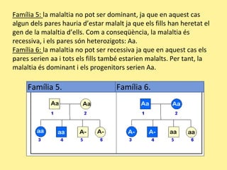 Família 5: la malaltia no pot ser dominant, ja que en aquest cas
algun dels pares hauria d’estar malalt ja que els fills han heretat el
gen de la malaltia d’ells. Com a conseqüència, la malaltia és
recessiva, i els pares són heterozigots: Aa.
Família 6: la malaltia no pot ser recessiva ja que en aquest cas els
pares serien aa i tots els fills també estarien malalts. Per tant, la
malaltia és dominant i els progenitors serien Aa.
Família 6.Família 5.
 