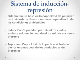 Sistema de inducción-
represión
• Sistema que se basa en la capacidad de permitir o
no la síntesis de diversas enzimas dependiendo de
las condiciones ambientales
• Inducción: Capacidad para sintetizar ciertas
enzimas solamente cuando el sustrato se encuentra
presente
• Represión: Capacidad de impedir la síntesis de
ciertas enzimas cuando los productos están
presentes
 
