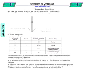 Assunto: Genética
EXERCÍCIOS DE VESTIBULAR
www.planetabio.com
12- (UFMG) 1. Observe esta figura, em que está representado o cromossoma X:
2. Analise este quadro:
Considerando a figura do cromossoma X apresentada no item 1 desta questão e as informações
contidas nesse quadro, RESPONDA:
a) Os genes que determinam os diferentes tipos da enzima G–6–PD são alelos? JUSTIFIQUE sua
resposta.
B) É possível uma criança com genótipo favorável ao desenvolvimento de crise hemolítica grave ser
filha de um casal, em que o homem e a mulher apresentam a variante enzimática B?
gabarito
 