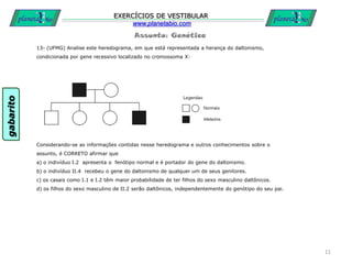 Assunto: Genética
EXERCÍCIOS DE VESTIBULAR
www.planetabio.com
13- (UFMG) Analise este heredograma, em que está representada a herança do daltonismo,
condicionada por gene recessivo localizado no cromossoma X:
Considerando-se as informações contidas nesse heredograma e outros conhecimentos sobre o
assunto, é CORRETO afirmar que
a) o indivíduo I.2 apresenta o fenótipo normal e é portador do gene do daltonismo.
b) o indivíduo II.4 recebeu o gene do daltonismo de qualquer um de seus genitores.
c) os casais como I.1 e I.2 têm maior probabilidade de ter filhos do sexo masculino daltônicos.
d) os filhos do sexo masculino de II.2 serão daltônicos, independentemente do genótipo do seu pai.
11
gabarito
 