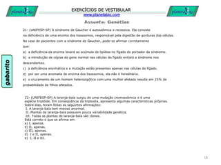 Assunto: Genética
EXERCÍCIOS DE VESTIBULAR
www.planetabio.com
21- (UNIFESP-SP) A síndrome de Gaucher é autossômica e recessiva. Ela consiste
na deficiência de uma enzima dos lisossomos, responsável pela digestão de gorduras das células.
No caso de pacientes com a síndrome de Gaucher, pode-se afirmar corretamente
que:
a) a deficiência da enzima levará ao acúmulo de lipídios no fígado do portador da síndrome.
b) a introdução de cópias do gene normal nas células do fígado evitará a síndrome nos
descendentes.
c) a deficiência enzimática e a mutação estão presentes apenas nas células do fígado.
d) por ser uma anomalia de enzima dos lisossomos, ela não é hereditária.
e) o cruzamento de um homem heterozigótico com uma mulher afetada resulta em 25% de
probabilidade de filhos afetados.
18
22- (UNIFESP-SP) A laranja-baía surgiu de uma mutação cromossômica e é uma
espécie triplóide. Em conseqüência da triploidia, apresenta algumas características próprias.
Sobre elas, foram feitas as seguintes afirmações:
I. A laranja-baía tem meiose anormal.
II. Plantas de laranja-baía possuem pouca variabilidade genética.
III. Todas as plantas de laranja-baía são clones.
Está correto o que se afirma em
a) I, apenas.
b) II, apenas.
c) III, apenas.
d) I e II, apenas.
e) I, II e III.
gabarito
 