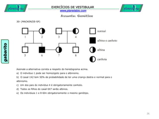 Assunto: Genética
EXERCÍCIOS DE VESTIBULAR
www.planetabio.com
30- (MACKENZIE-SP)
Assinale a alternativa correta a respeito do heredograma acima.
a) O indivíduo 1 pode ser homozigoto para o albinismo.
b) O casal 1X2 tem 50% de probabilidade de ter uma criança destra e normal para o
albinismo.
c) Um dos pais do indivíduo 4 é obrigatoriamente canhoto.
d) Todos os filhos do casal 6X7 serão albinos.
e) Os indivíduos 1 e 8 têm obrigatoriamente o mesmo genótipo.
26
gabarito
 