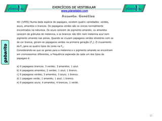 Assunto: Genética
EXERCÍCIOS DE VESTIBULAR
www.planetabio.com
40- (UFES) Numa dada espécie de papagaio, existem quatro variedades: verdes,
azuis, amarelos e brancos. Os papagaios verdes são os únicos normalmente
encontrados na natureza. Os azuis carecem de pigmento amarelo; os amarelos
carecem de grânulos de melanina, e os brancos não têm nem melanina azul nem
pigmento amarelo nas penas. Quando se cruzam papagaios verdes silvestres com os
de cor branca, geram-se papagaios verdes na primeira geração (F1). O cruzamento
da F1 gera os quatro tipos de cores na F2.
Considerando-se que os genes para a melanina e o pigmento amarelo se encontram
em cromossomos diferentes, a frequência esperada de cada um dos tipos de
papagaio é:
a) 9 papagaios brancos; 3 verdes; 3 amarelos; 1 azul.
b) 4 papagaios amarelos; 2 verdes; 1 azul; 1 branco.
c) 9 papagaios verdes; 3 amarelos; 3 azuis; 1 branco.
d) 1 papagaio verde; 1 amarelo; 1 azul; 1 branco.
e) 9 papagaios azuis; 4 amarelos; 4 brancos; 1 verde.
32
gabarito
 