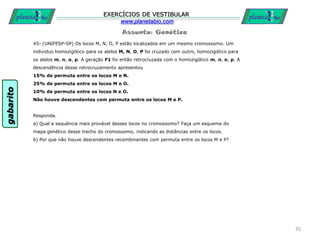 Assunto: Genética
EXERCÍCIOS DE VESTIBULAR
www.planetabio.com
45- (UNIFESP-SP) Os locos M, N, O, P estão localizados em um mesmo cromossomo. Um
indivíduo homozigótico para os alelos M, N, O, P foi cruzado com outro, homozigótico para
os alelos m, n, o, p. A geração F1 foi então retrocruzada com o homozigótico m, n, o, p. A
descendência desse retrocruzamento apresentou
15% de permuta entre os locos M e N.
25% de permuta entre os locos M e O.
10% de permuta entre os locos N e O.
Não houve descendentes com permuta entre os locos M e P.
Responda.
a) Qual a sequência mais provável desses locos no cromossomo? Faça um esquema do
mapa genético desse trecho do cromossomo, indicando as distâncias entre os locos.
b) Por que não houve descendentes recombinantes com permuta entre os locos M e P?
35
gabarito
 