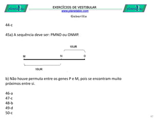 Gabarito
EXERCÍCIOS DE VESTIBULAR
www.planetabio.com
47
44-c
45a) A sequência deve ser: PMNO ou ONMP.
b) Não houve permuta entre os genes P e M, pois se encontram muito
próximos entre si.
46-a
47-c
48-b
49-d
50-c
 