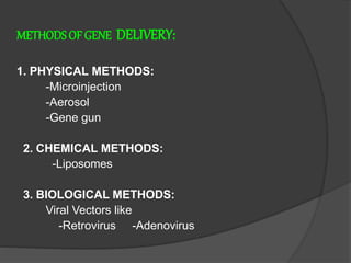 METHODS OF GENE DELIVERY:
1. PHYSICAL METHODS:
-Microinjection
-Aerosol
-Gene gun
2. CHEMICAL METHODS:
-Liposomes
3. BIOLOGICAL METHODS:
Viral Vectors like
-Retrovirus -Adenovirus
 