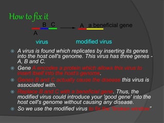 How to fix it
A
B C a beneficial geneA
virus modified virus
 A virus is found which replicates by inserting its genes
into the host cell's genome. This virus has three genes -
A, B and C.
 Gene A encodes a protein which allows this virus to
insert itself into the host's genome.
 Genes B and C actually cause the disease this virus is
associated with.
 Replace B and C with a beneficial gene. Thus, the
modified virus could introduce your 'good gene' into the
host cell's genome without causing any disease.
 So we use the modified virus to fix the “broken window”
 