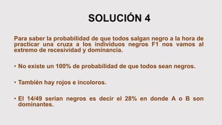 SOLUCIÓN 4
Para saber la probabilidad de que todos salgan negro a la hora de
practicar una cruza a los individuos negros F1 nos vamos al
extremo de recesividad y dominancia.
• No existe un 100% de probabilidad de que todos sean negros.
• También hay rojos e incoloros.
• El 14/49 serian negros es decir el 28% en donde A o B son
dominantes.
 