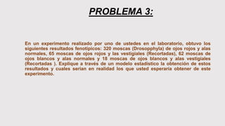 PROBLEMA 3:
En un experimento realizado por uno de ustedes en el laboratorio, obtuvo los
siguientes resultados fenotípicos: 320 moscas (Drosopphyla) de ojos rojos y alas
normales, 65 moscas de ojos rojos y las vestigiales (Recortadas), 62 moscas de
ojos blancos y alas normales y 18 moscas de ojos blancos y alas vestigiales
(Recortadas ). Explique a través de un modelo estadístico la obtención de estos
resultados y cuales serían en realidad los que usted esperaría obtener de este
experimento.
 